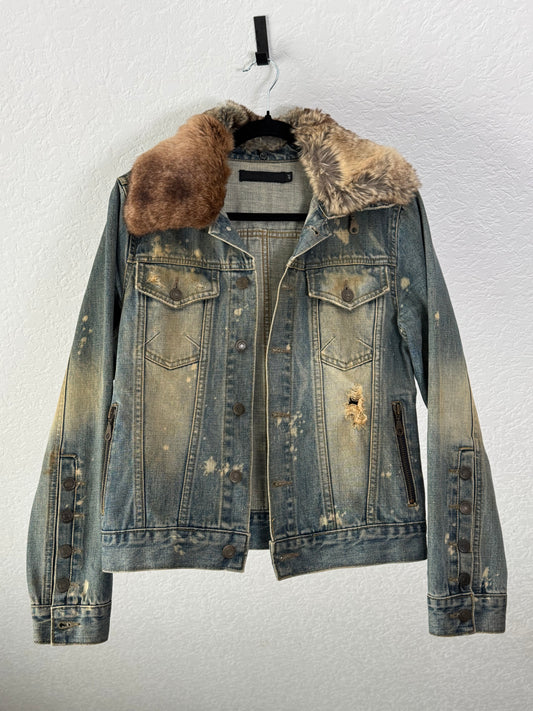 Fuga Mud Washed Chunky Fur Collar Denim Jacket