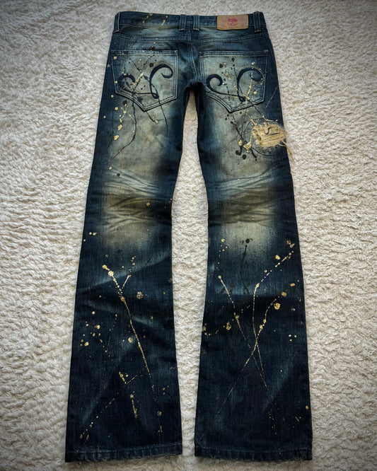 Lagust Mud Washed Gold Splatter Distressed Bootcut Denim