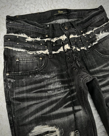 Midas Croc Repaired Silver Waxed Lace Up Bootcut Jeans