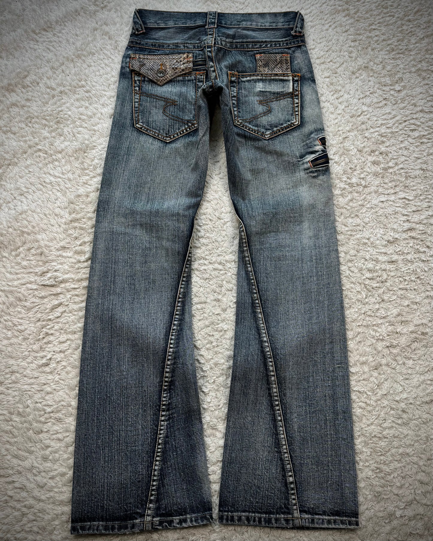 Semantic Design Python Pocket Detailed Spiral Flared Jeans