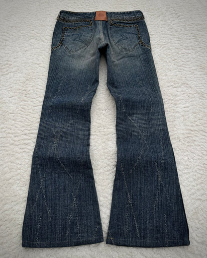 Obelisk Studded Distressed Design Flared Jeans