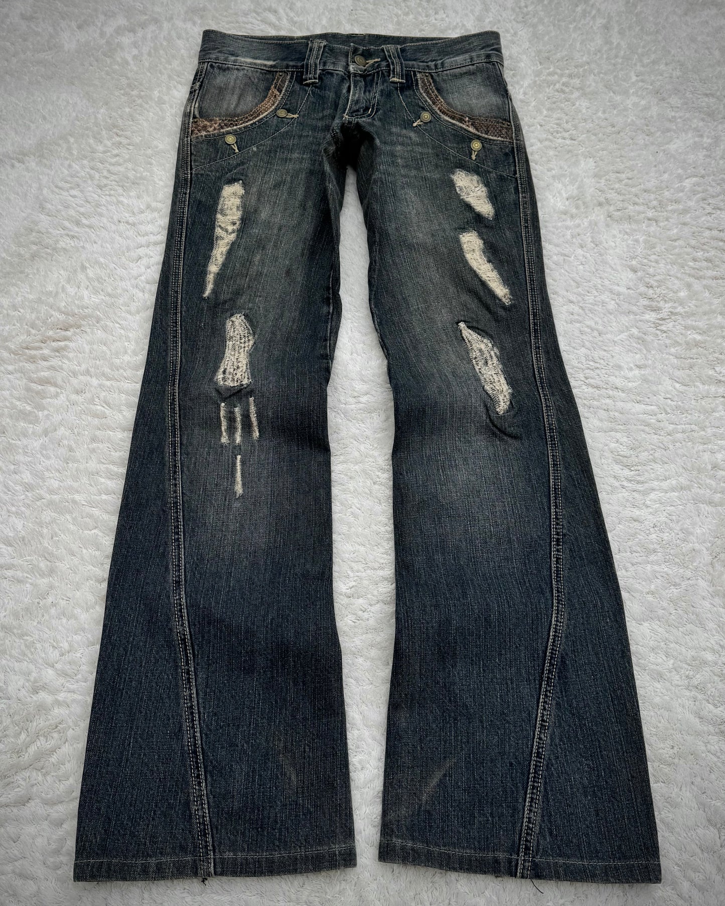 Tornado Mart Python Detailed Distressed Flared Jeans