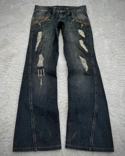 Tornado Mart Python Detailed Distressed Flared Jeans