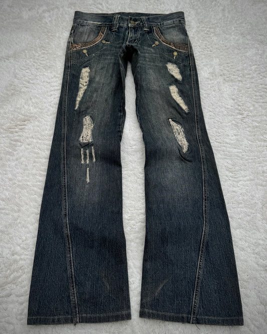 Tornado Mart Python Detailed Distressed Flared Jeans