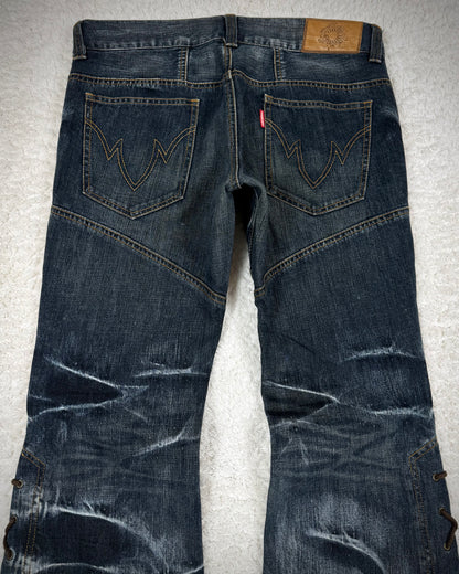 Tornado Mart Whisker Washed Lace Up Flared Jeans