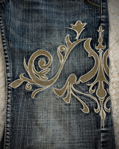 Tornado Mart Tribal Embroidery Spiral Flared Jeans