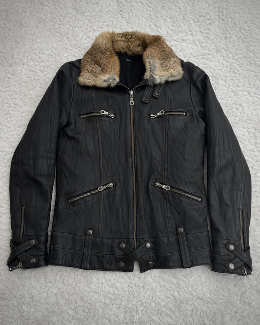 Aima Rabbit Fur Collar Sheepskin Leather Jacket