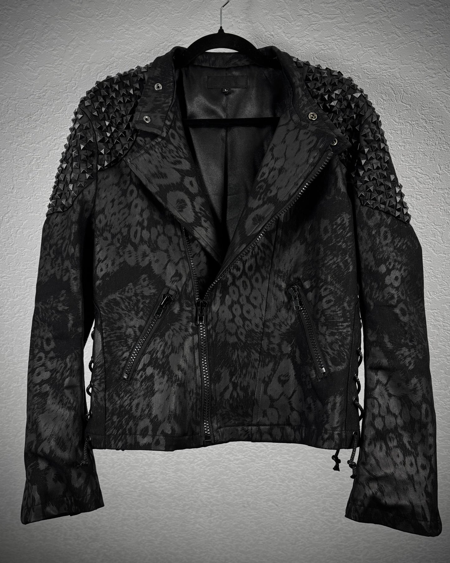 By The R Leopard Waxed Studded Lace Up Biker Jacket