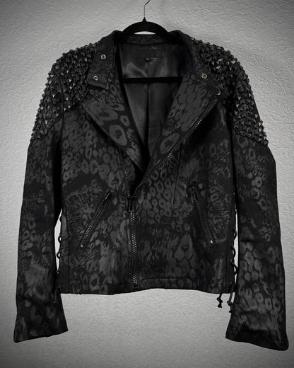 By The R Leopard Waxed Studded Lace Up Biker Jacket
