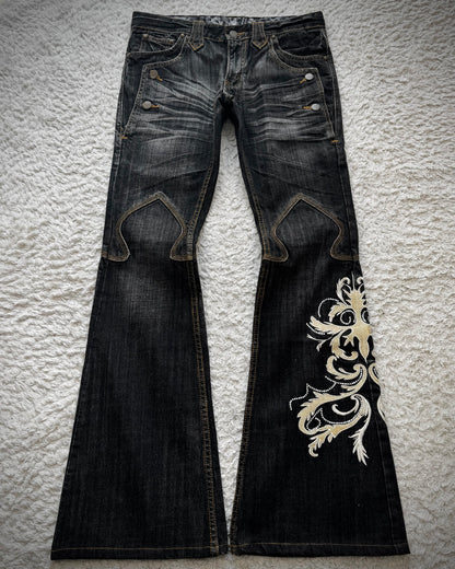 Tornado Mart Tribal Tattoo Embroidery Flared Jeans