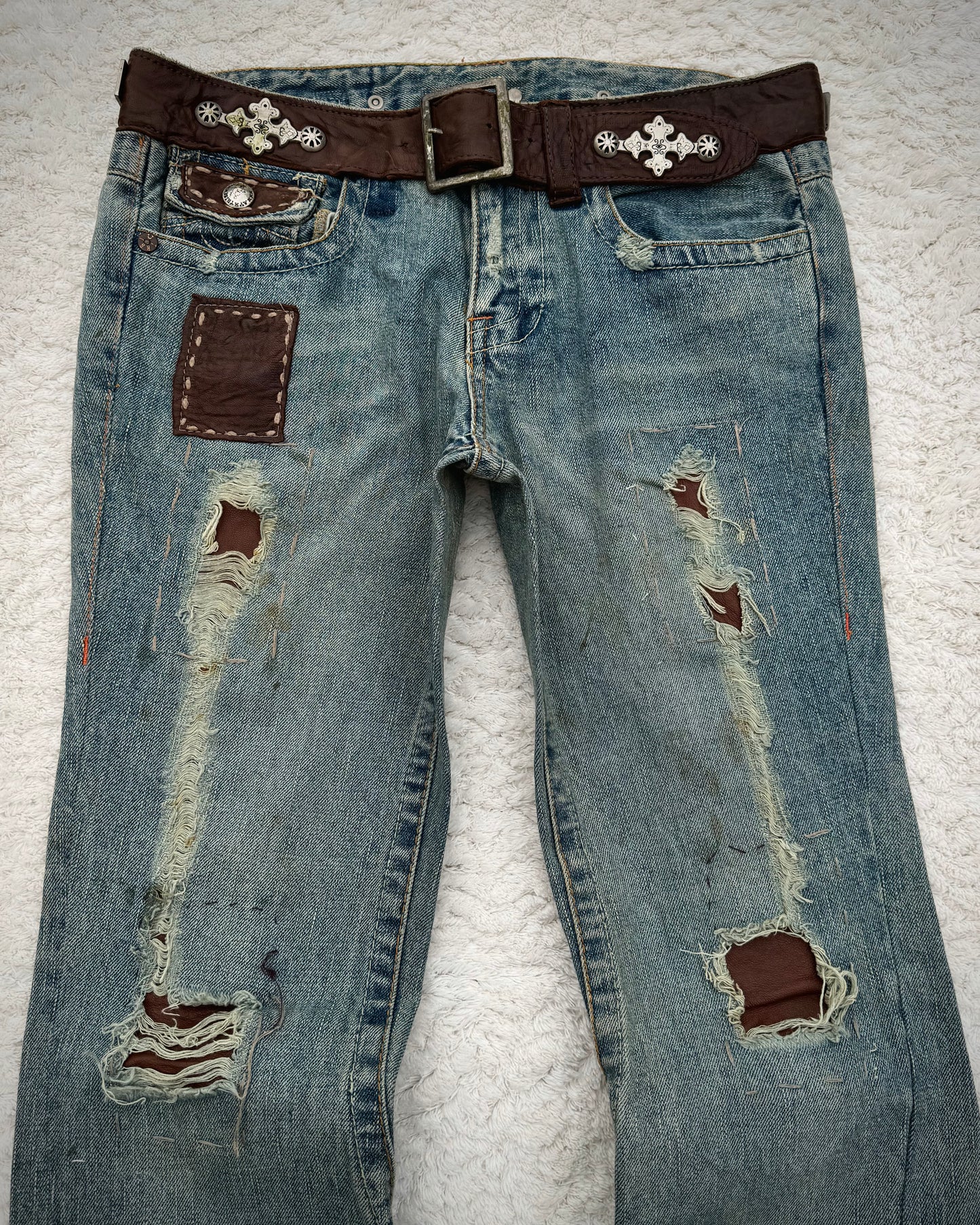 My Tribe Western Belted Steel Detailed Leather Repairs Flared Jeans
