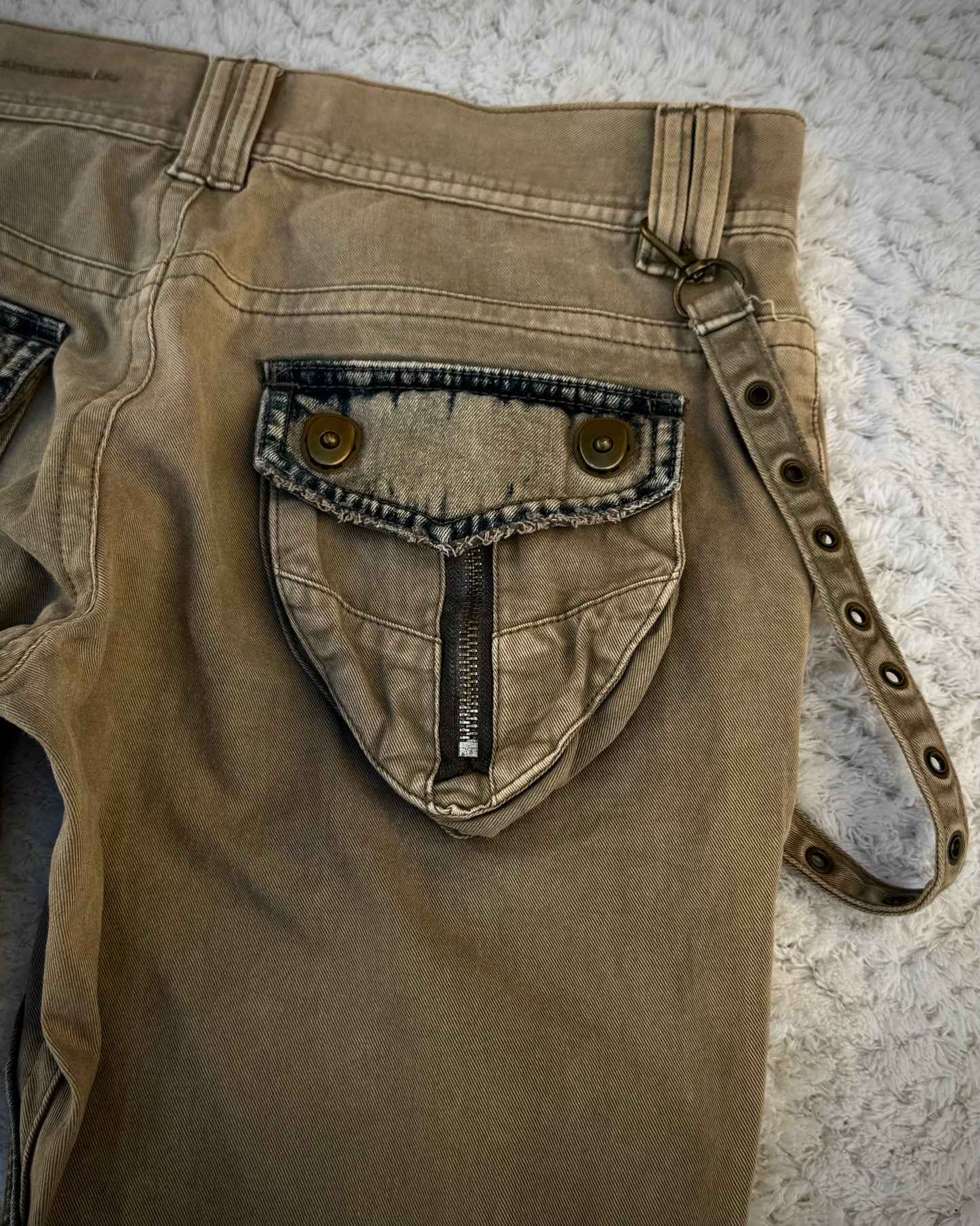 Midas Distressed Denim Paneled Strapped Bootcut Cargo Pants