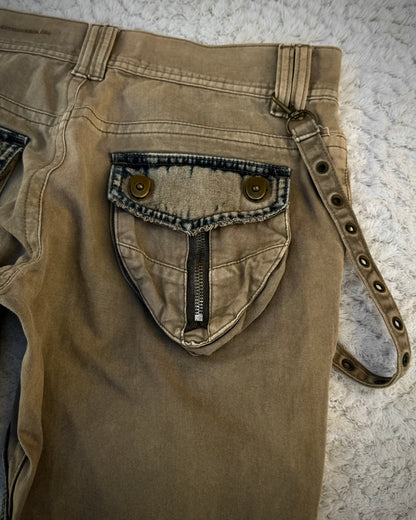Midas Distressed Denim Paneled Strapped Bootcut Cargo Pants