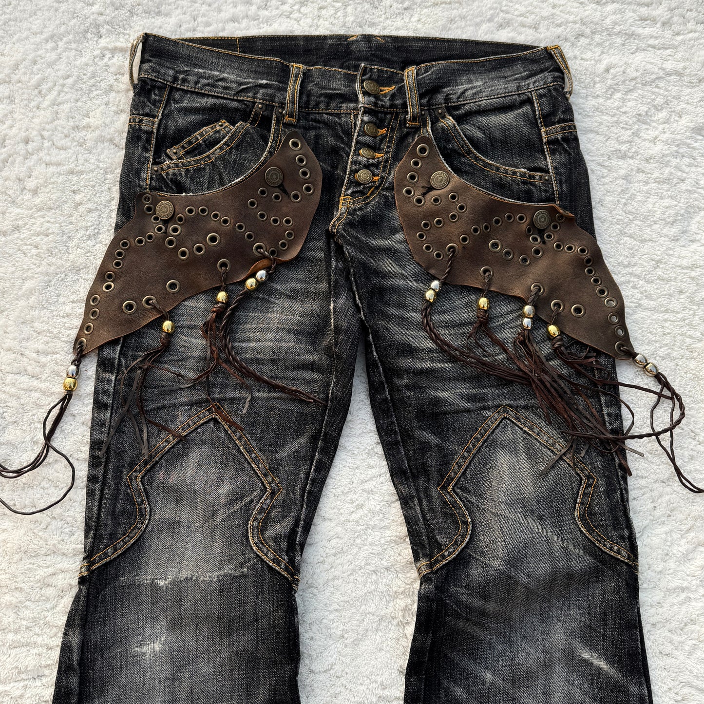 Tornado Mart Western Leather Tassel Flared Jeans