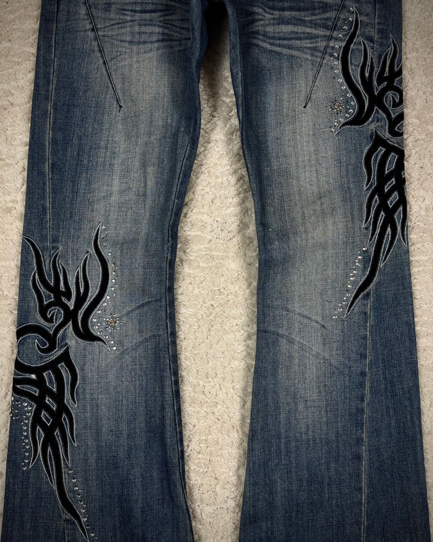 Tornado Mart Tribal Embroidery Studded Flared Jeans