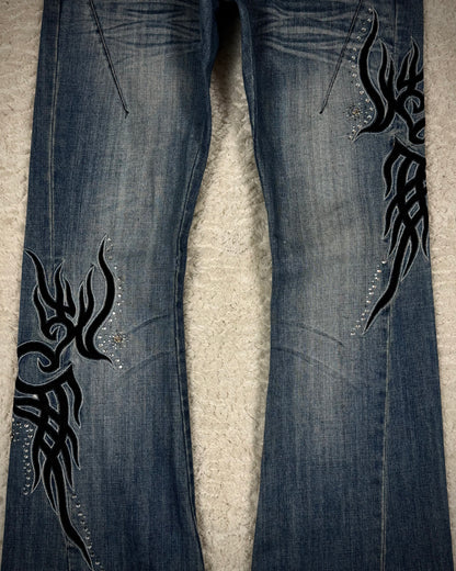 Tornado Mart Tribal Embroidery Studded Flared Jeans