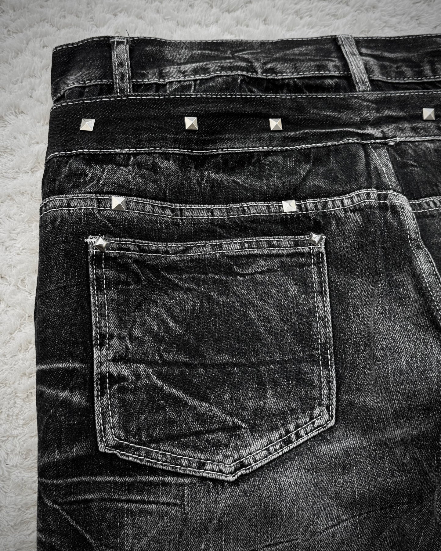Double Waisted Lace Up Studded Distressed Flared Jeans