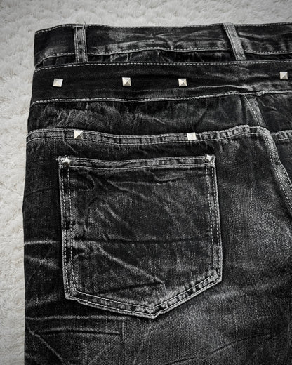 Double Waisted Lace Up Studded Distressed Flared Jeans