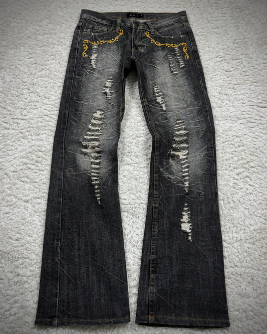 K.U.I Tribal Embroidery Distressed Bootcut Jeans
