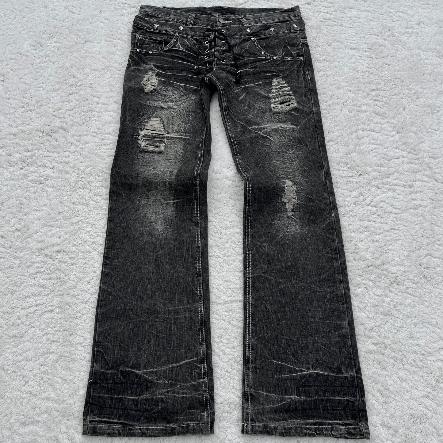 In The Attic Double Waisted Lace-Up Bootcut Jeans