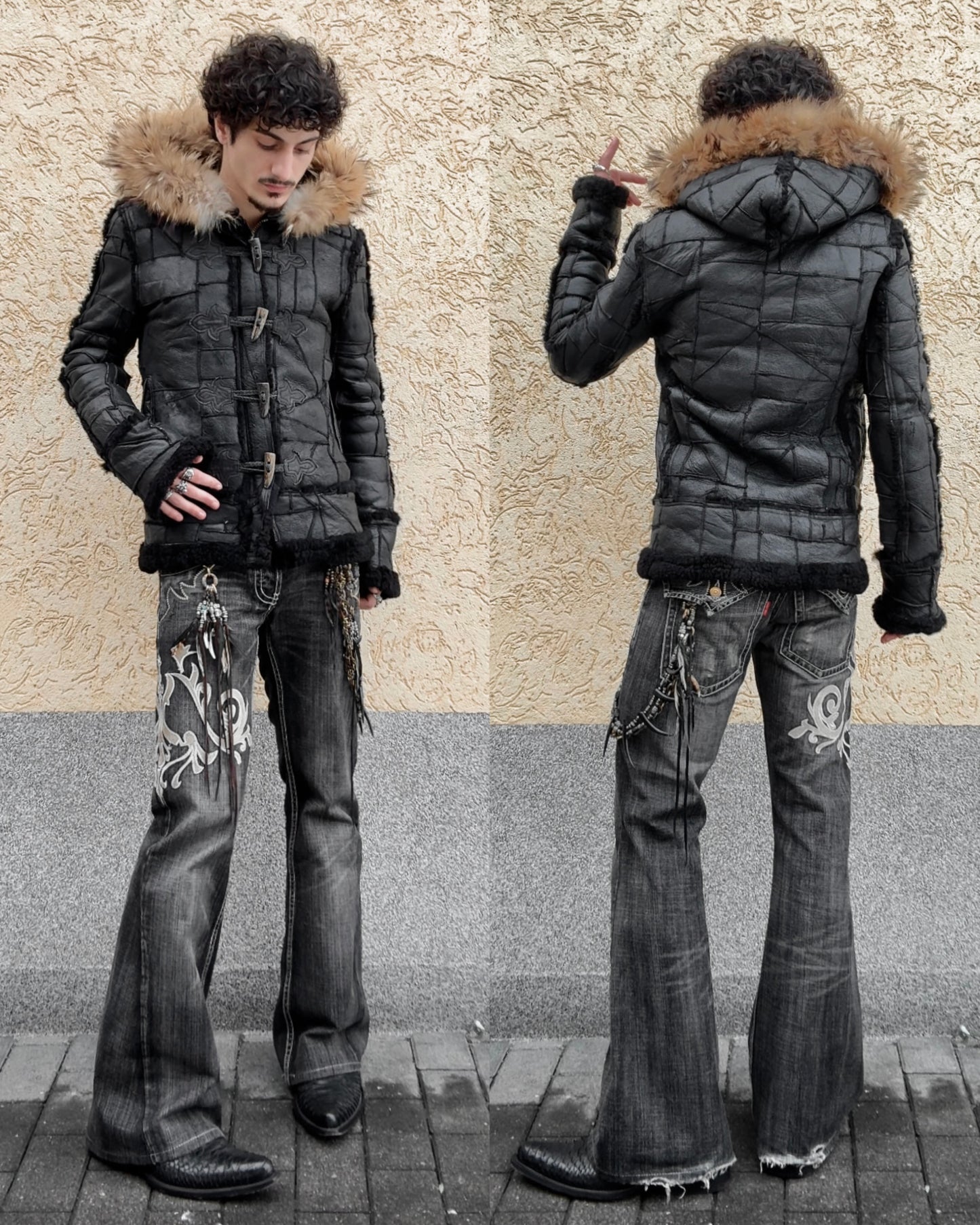 Royal Flash Fur Hood Leather Patchwork Jacket
