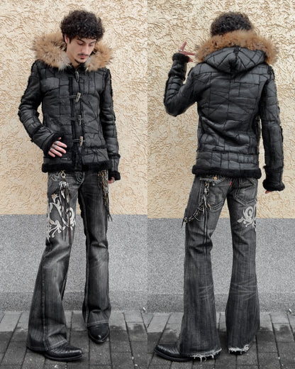 Royal Flash Fur Hood Leather Patchwork Jacket