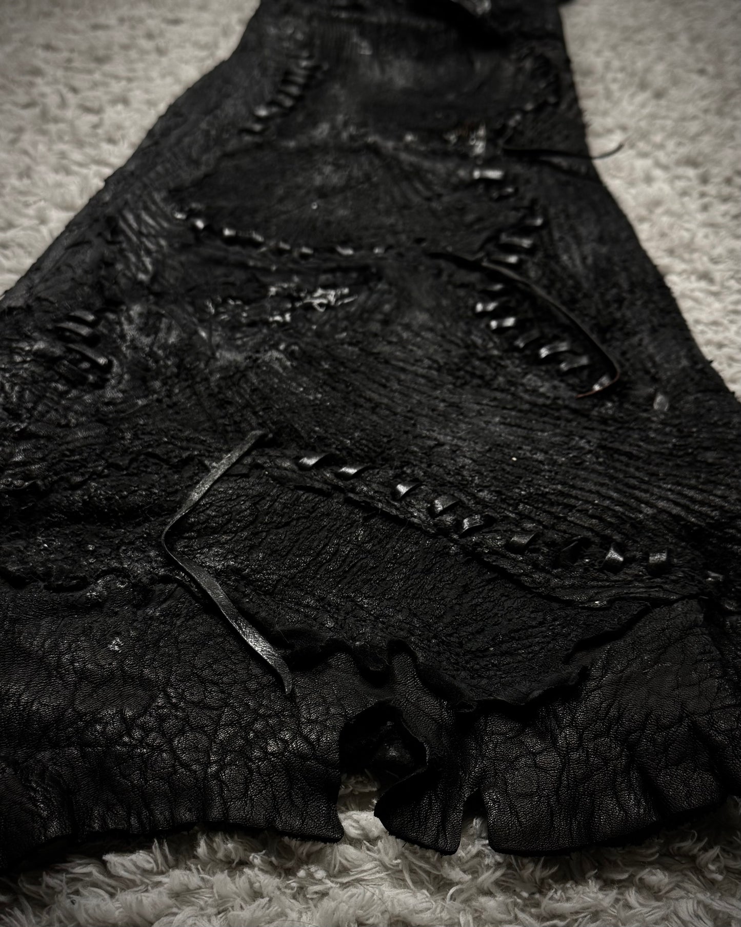 1vfudie “Noir” Scar Stitched Crocodile Leather Bell Bottom Flared Pants