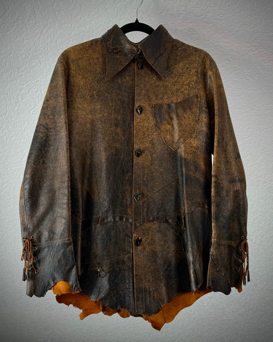 Obelisk Raw Cut Pierced Lace Up Leather Shirt