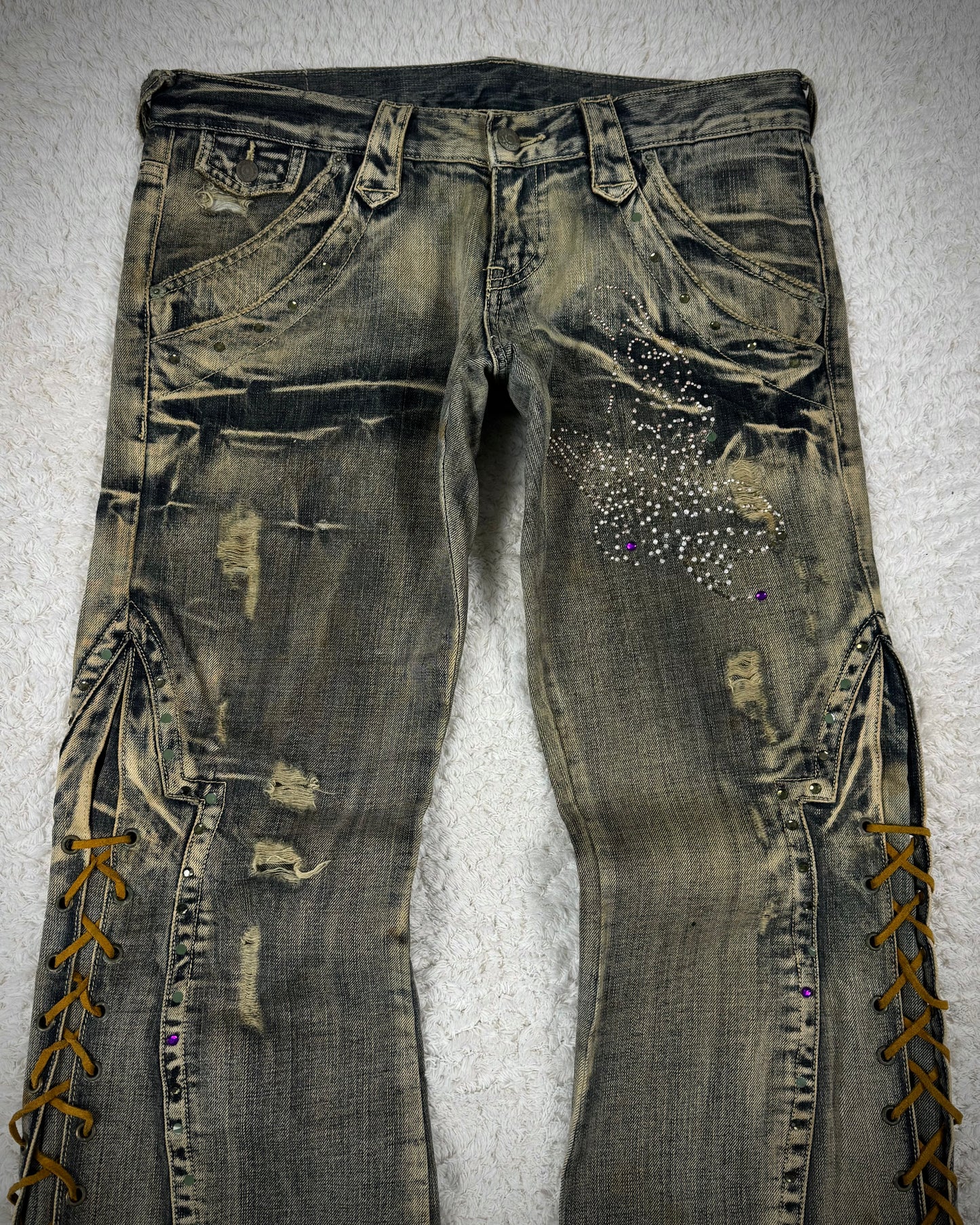Tornado Mart Mud Washed Butterfly Lace Up Flared Jeans