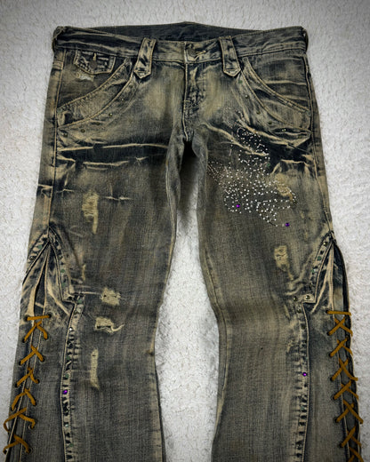 Tornado Mart Mud Washed Butterfly Lace Up Flared Jeans