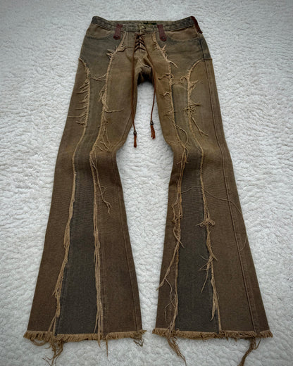 Obelisk Fringed Mud Washed Lace Up Flared Jeans