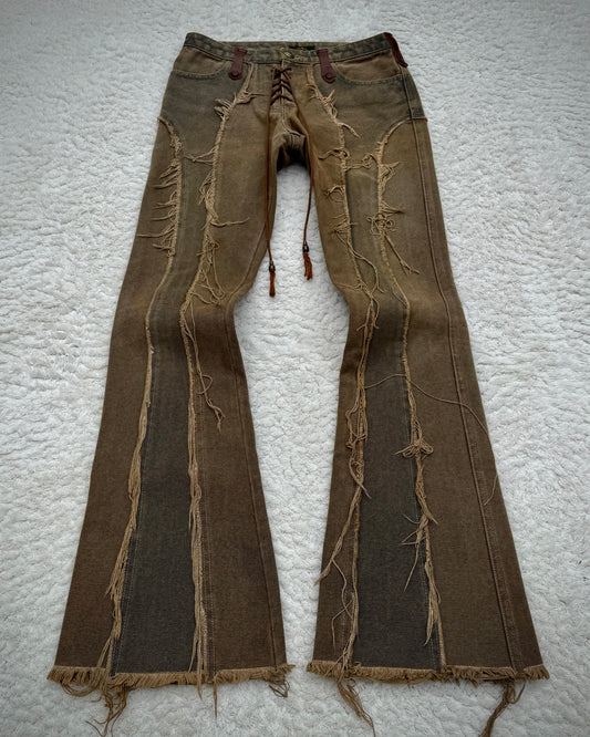 Obelisk Fringed Mud Washed Lace Up Flared Jeans