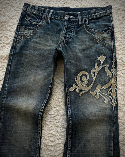 Tornado Mart Tribal Embroidery Spiral Flared Jeans