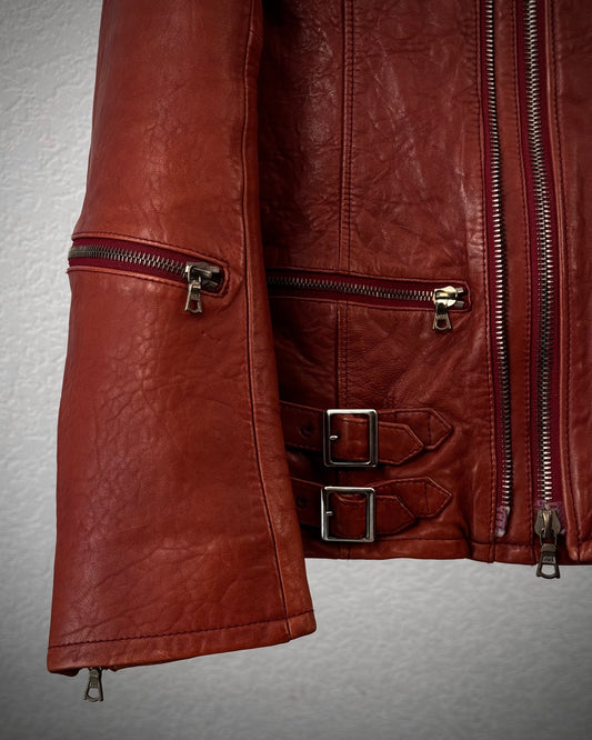 Crimson Textured Leather Biker Jacket