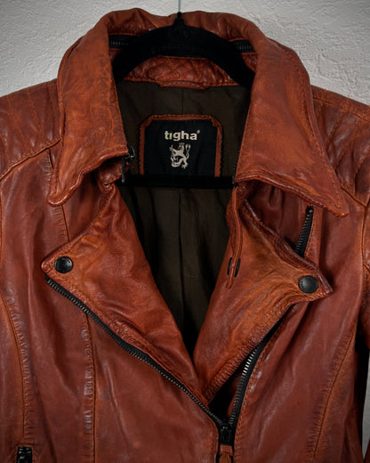Tigha Rusty Red Transformable Leather Biker Jacket