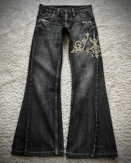 Tornado Mart Tribal Embroidery Spiral Flared Jeans