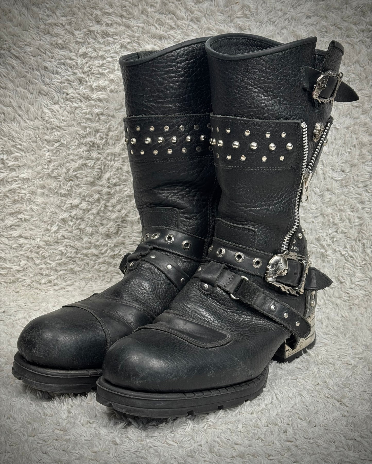 New Rock Steel Heel Studded Belted Leather Boots