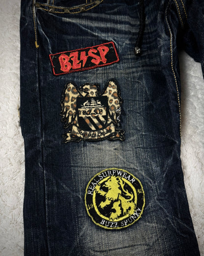 Buzz Spunky Double Waisted Lace Up Studded Patched Bootcut Denim