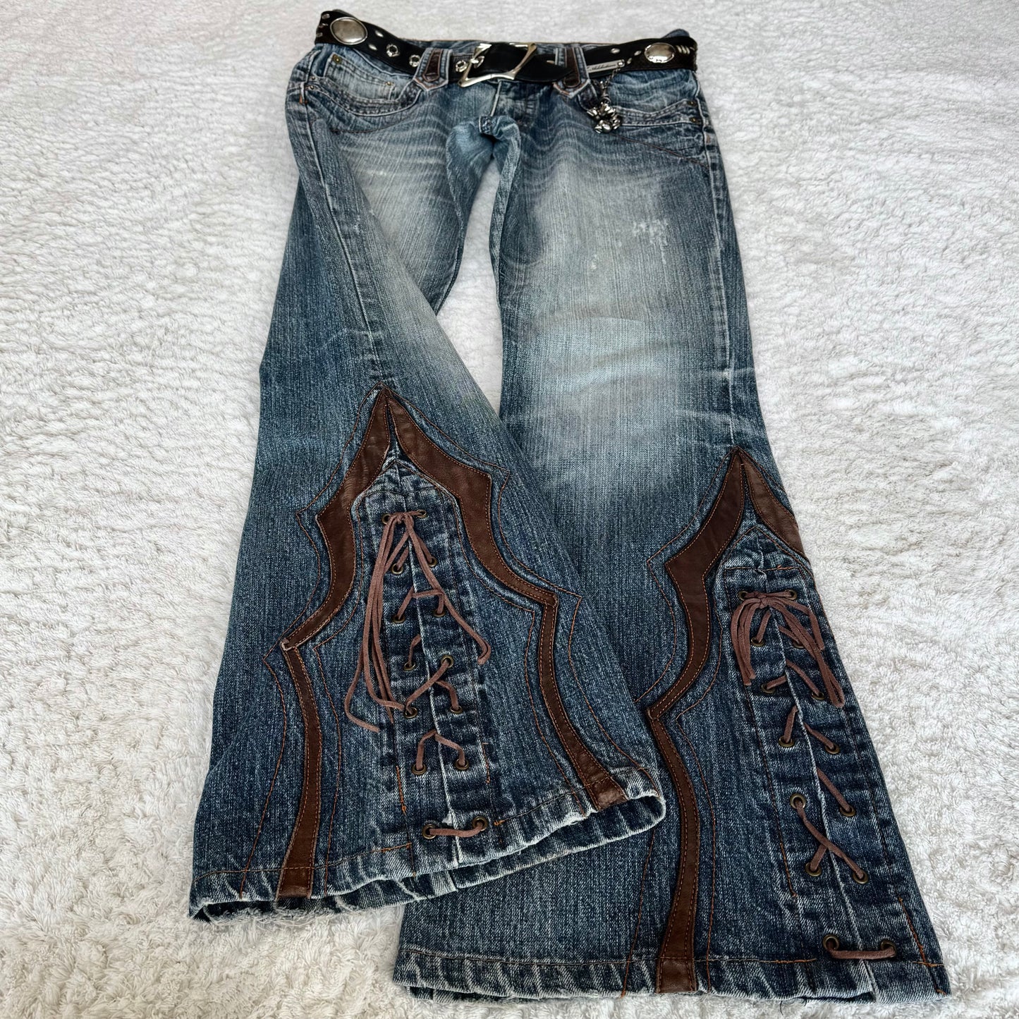 Tornado Mart Western Leather Accented Flared Lace-Up Jeans