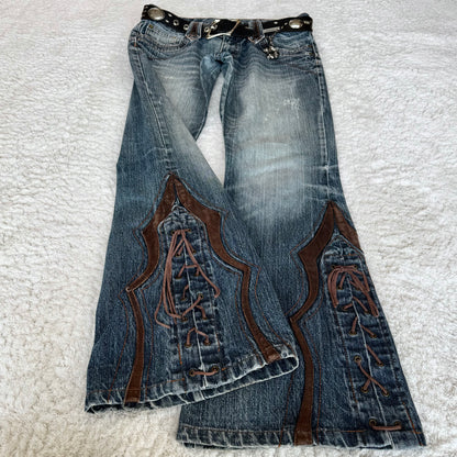 Tornado Mart Western Leather Accented Flared Lace-Up Jeans