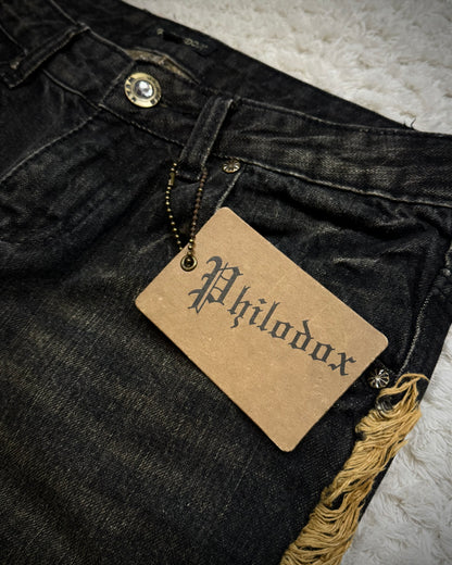 Philodox Fringed Zebra Washed Flared Jeans