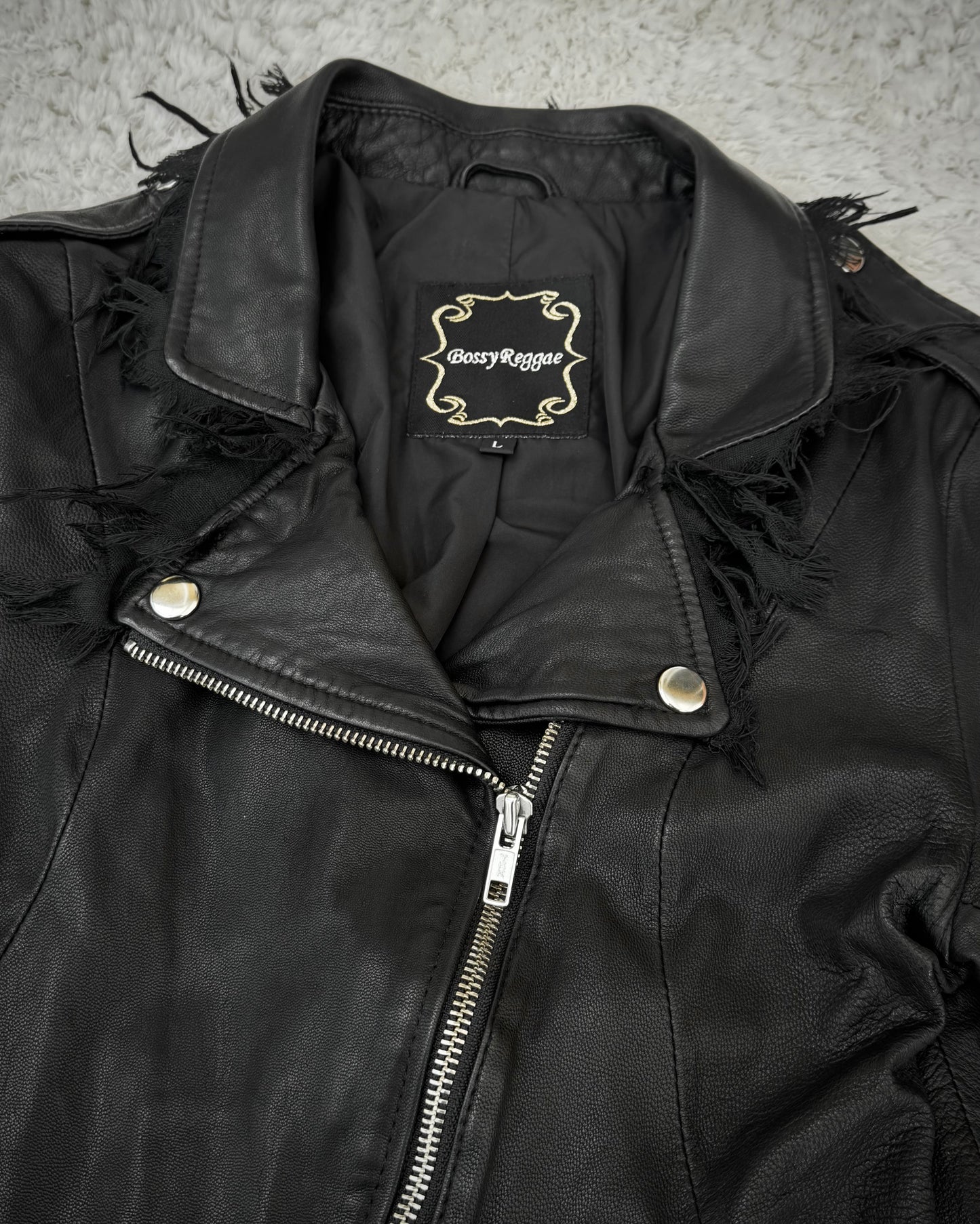 Bossy Raggae Raw Asymmetrical Cut Frayed Leather Jacket