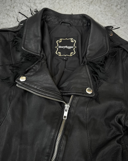 Bossy Raggae Raw Asymmetrical Cut Frayed Leather Jacket