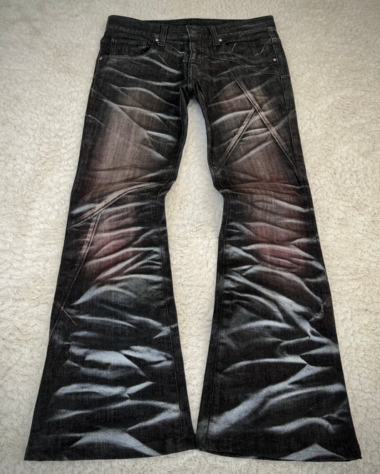 Tornado Mart Bordeaux Silver Whisker Washed Flared Jeans