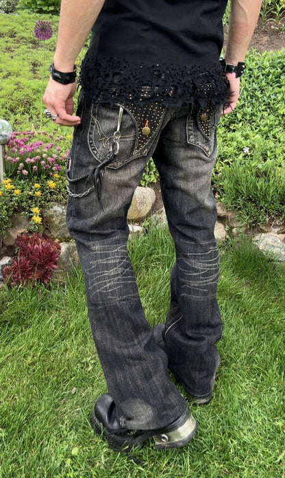 Snuff Studded Flap Pockets Flared Jeans