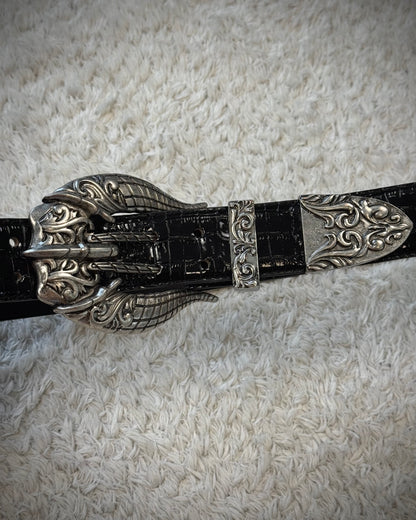 Crocodile Textured Western Buckle Glossy Leather Belt