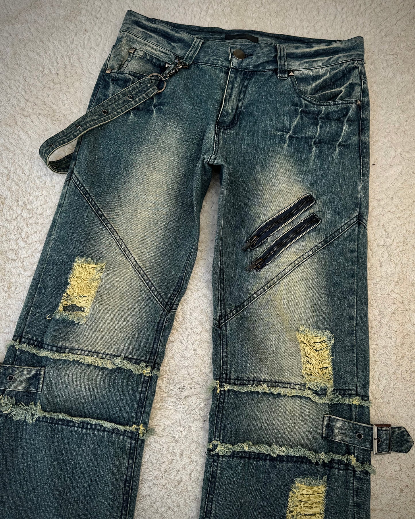 Black Baccara Mud Washed Belted Straps Flared Jeans