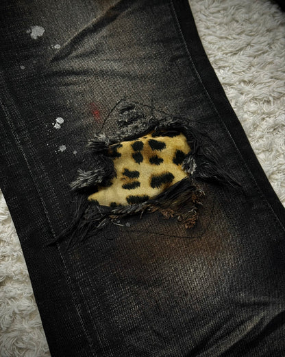 CavariA Leopard Repaired Clawmarks Washed Bootcut Jeans