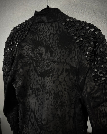 By The R Leopard Waxed Studded Lace Up Biker Jacket
