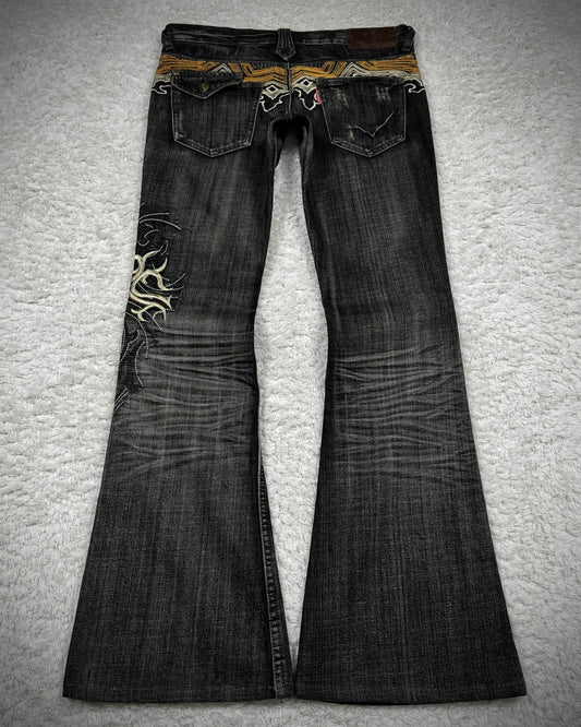 Tornado Mart Cyber Tribal Embroidery Flared Jeans
